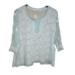 BOHEMIAN MINT GREEN SHEER CHIFFON EMBROIDERED TUNIC L 0312